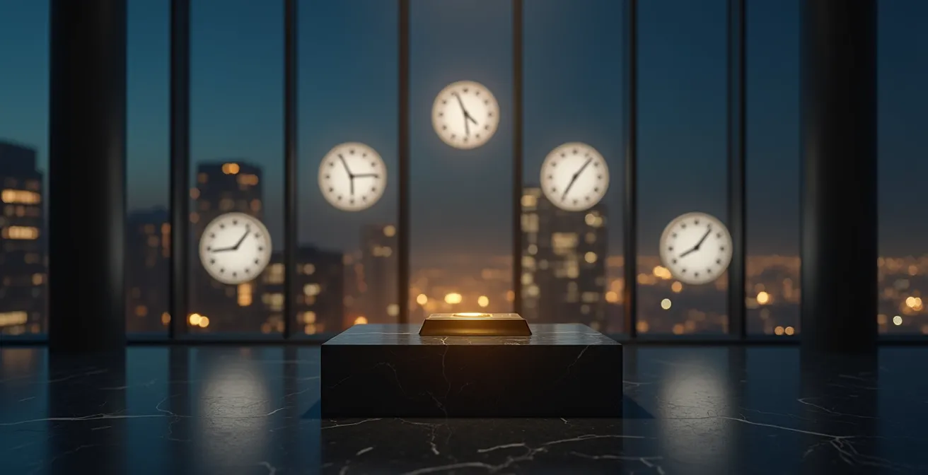 Goldmünzen umgeben von einer leuchtenden Weltzeitanzeige im Dunkeln