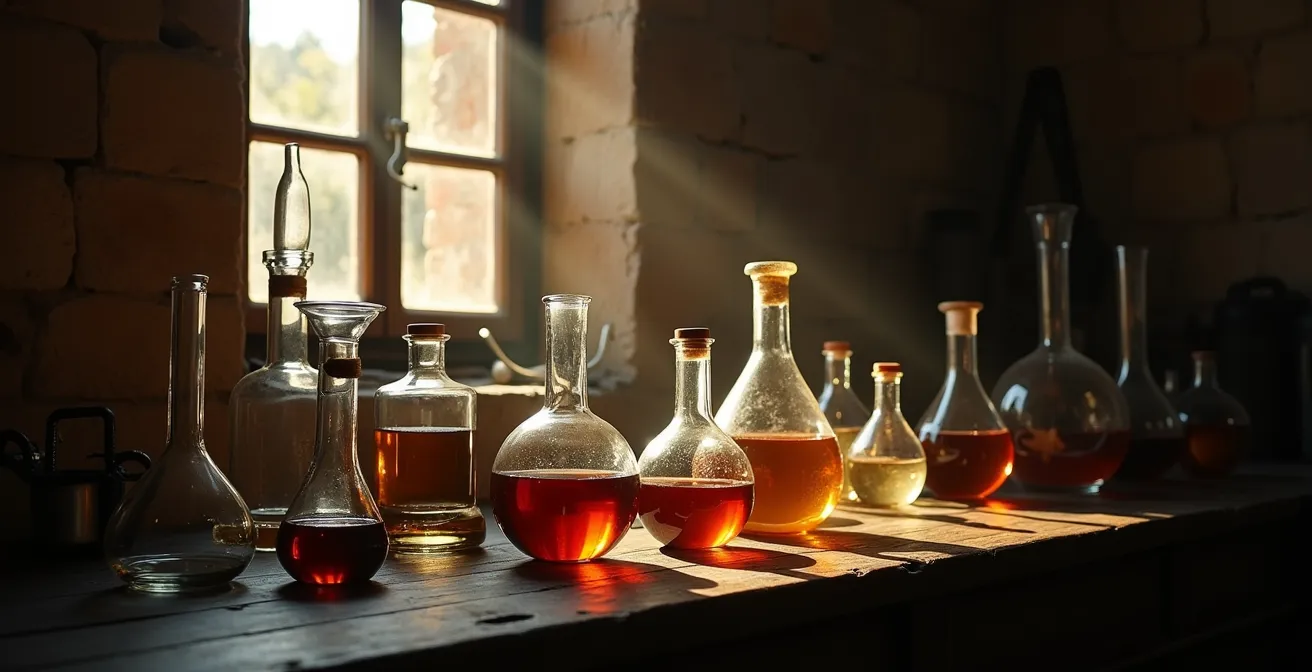 Historisches Alchemielabor mit antiken Glaskolben und mystischer Atmosphäre