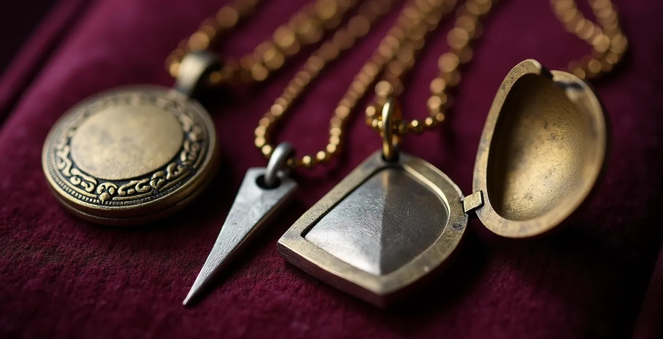 Vintage-Medaillon und moderne Anhänger in Makroaufnahme auf Samt