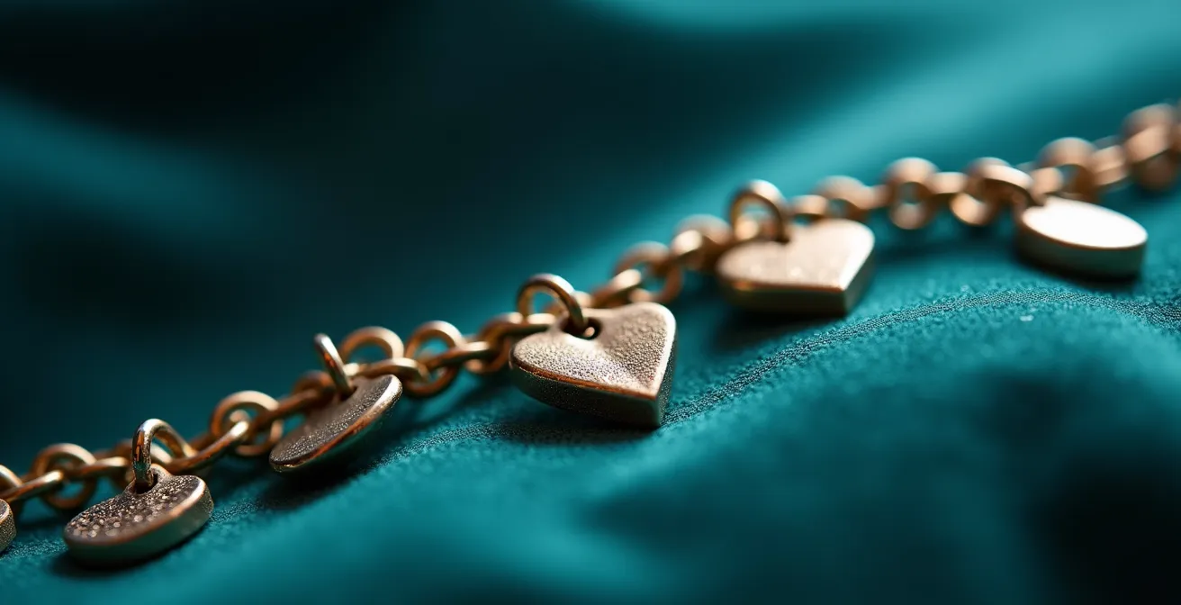 Detailaufnahme eines Bettelarmbands mit verschiedenen Anhängern und Charms