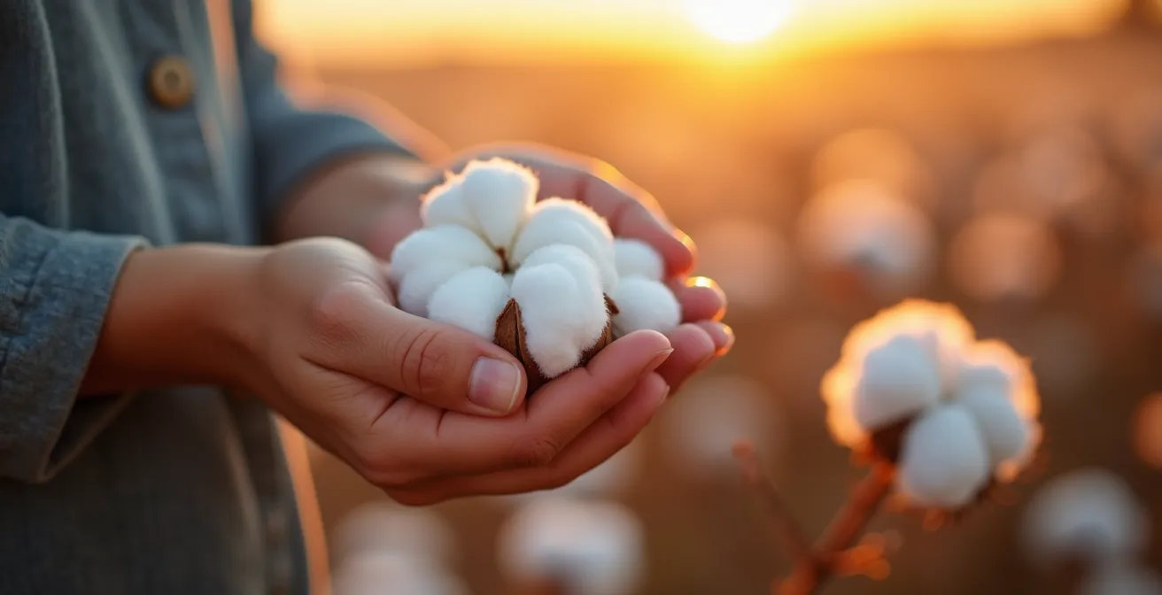 Bio-Baumwollfeld mit deutschem Grüner Knopf Zertifizierung im Fokus