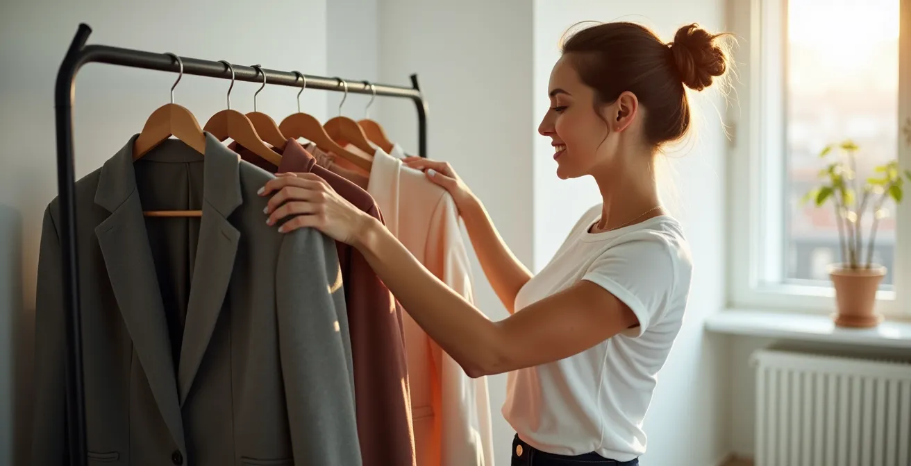 Eine selbstbewusste Frau in ihren 30ern, die in ihrer hellen Berliner Wohnung ihre minimalistische Garderobe organisiert und Zufriedenheit ausstrahlt.