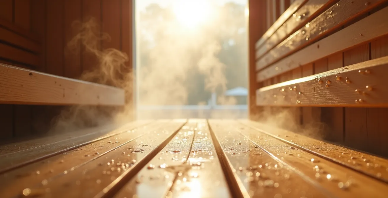 Atmosphärische Darstellung einer Sauna-Umgebung mit Fokus auf Dampf und Holztexturen