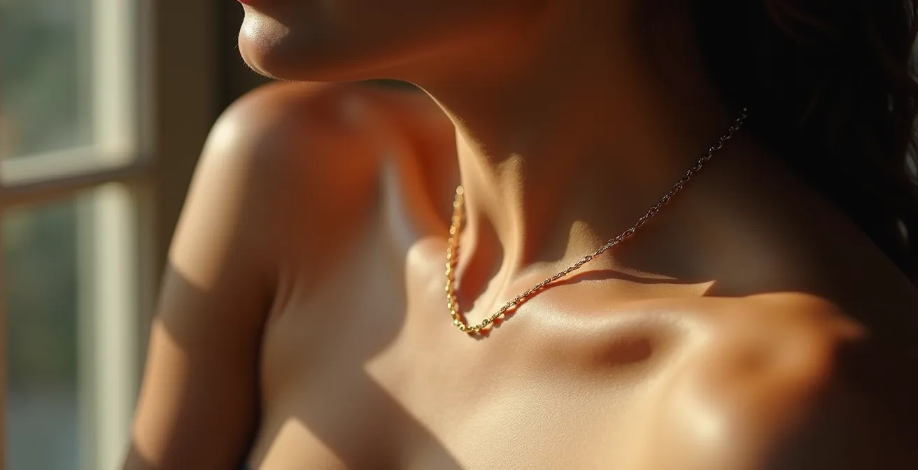 Porträt einer Frau mit einzelner zarter Goldkette auf nackter Haut