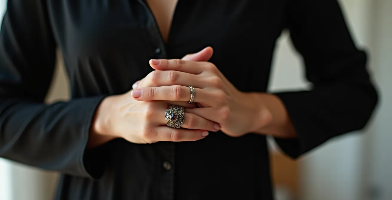 Antiker Ring aus der Jugendstil-Zeit kombiniert mit minimalistischer moderner Kleidung