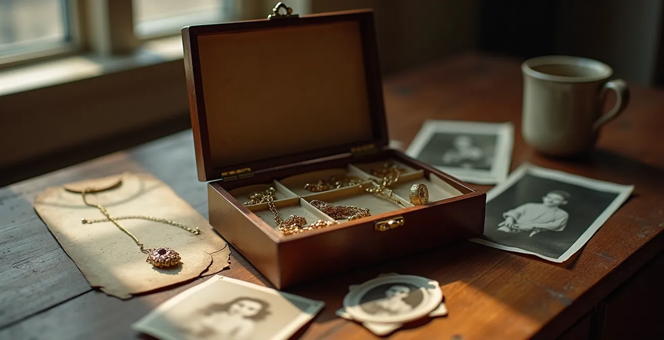 Vintage Schmuckschatulle mit alten Fotografien und antikem Goldschmuck auf Holztisch, Symbol für Familiengeschichte
