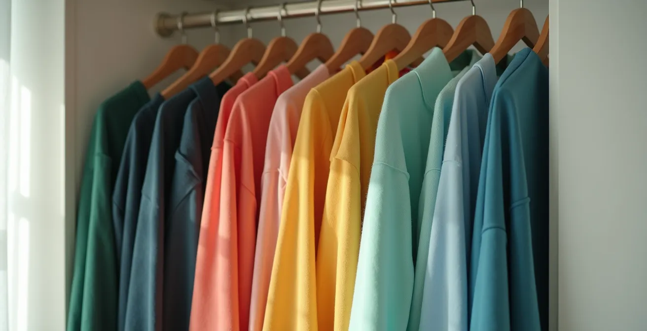 Weitwinkelaufnahme eines minimalistischen Kleiderschranks mit farbsortierten Outfits von Grün über Koralle bis Blau.