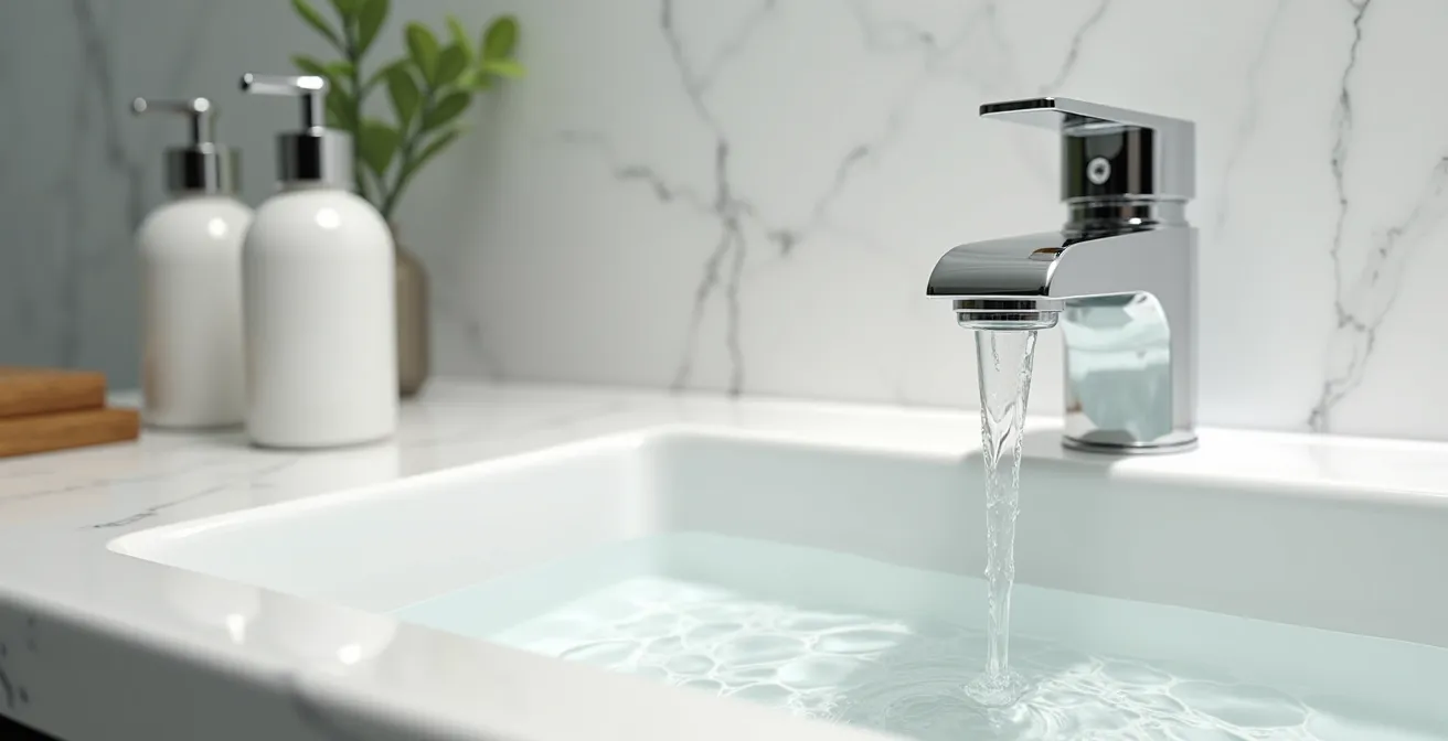 Minimalistische Badezimmerszene mit fliessendem Wasser und sanfter Reinigung