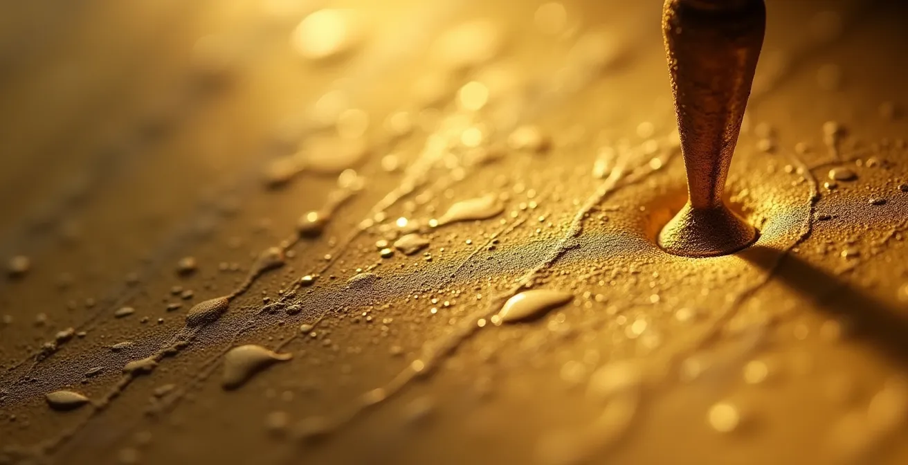 Extreme Nahaufnahme von Goldschmuck-Oberfläche aus Pforzheimer Manufaktur, die die Bearbeitbarkeit des Materials zeigt