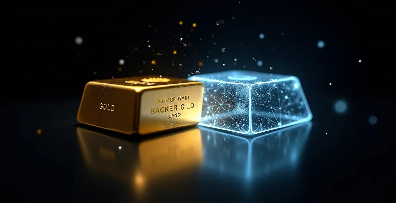 Goldbarren mit digitaler Blockchain-Spiegelung zeigt die Verbindung zwischen physisch und digital