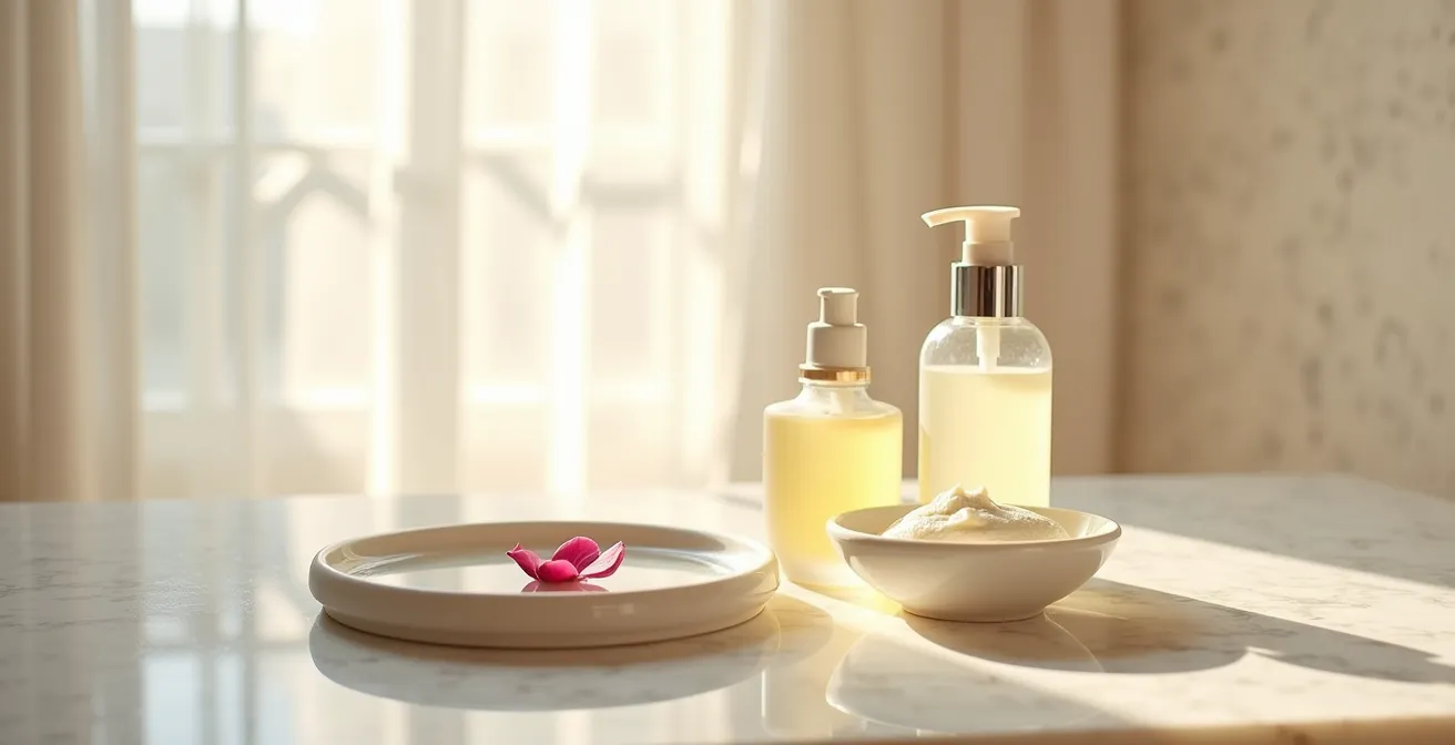 Hautpflege-Ritual nach dem Enzympeeling in sanftem, goldenem Licht