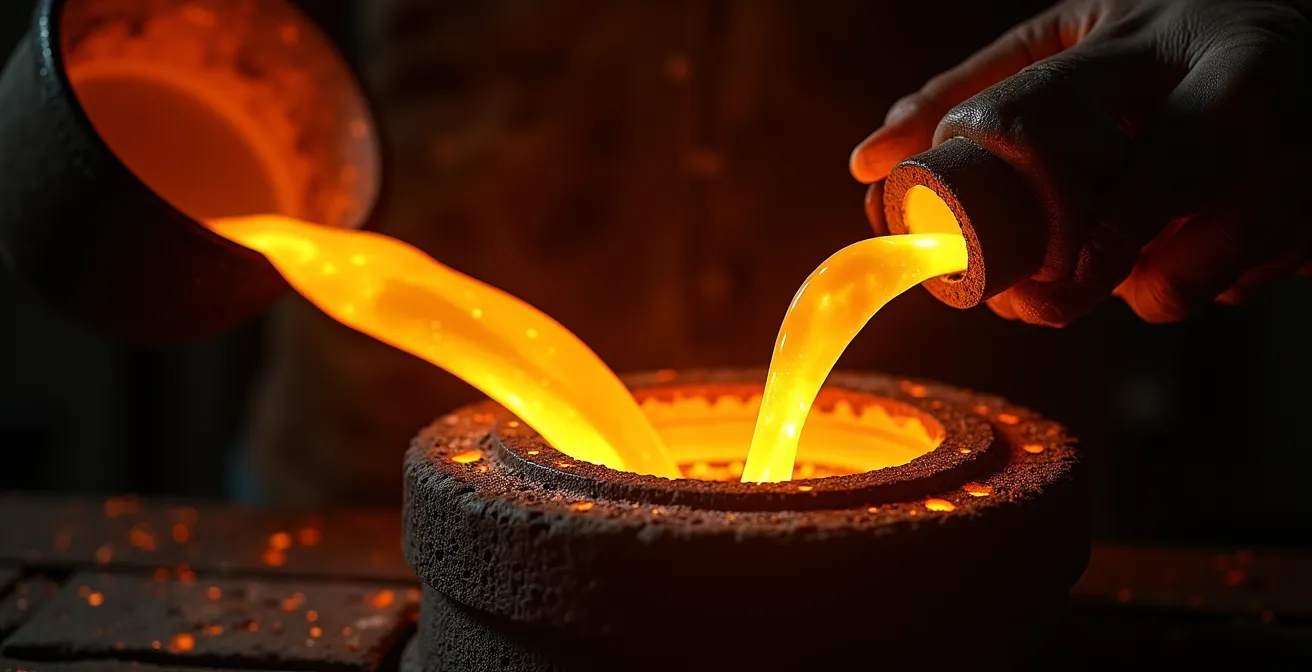 Geschmolzenes Gold wird aus einem Tiegel in eine traditionelle Gussform gegossen und fängt den dramatischen Moment der Transformation in einer dunklen Werkstatt ein.