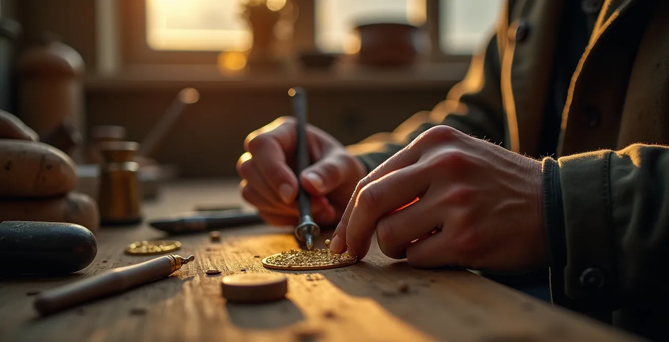 Goldschmied bei der Arbeit in traditioneller Werkstatt mit antikem Werkzeug, der ein Zertifikat erstellt