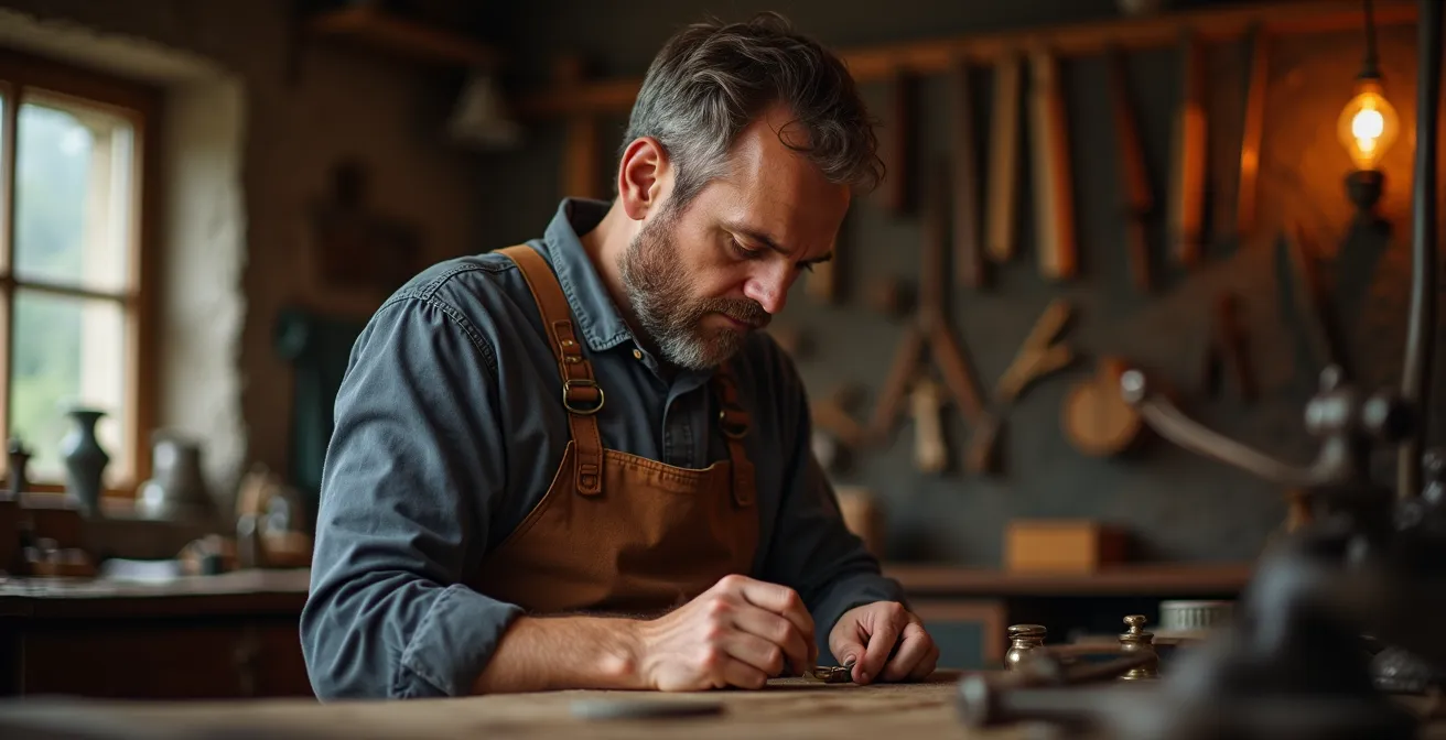 Ein deutscher Goldschmiedemeister in seiner traditionellen Werkstatt, konzentriert bei der Feilarbeit an einem filigranen Schmuckstück.