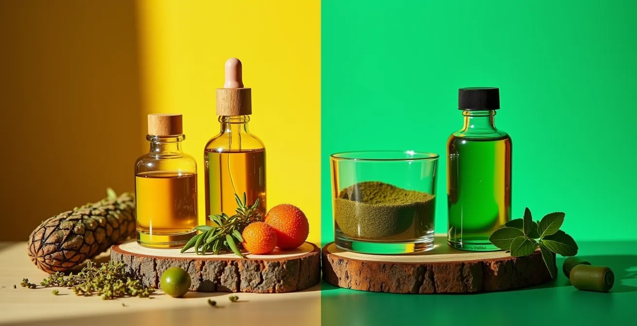 Vergleichende Darstellung von echter Naturkosmetik auf Holzoberfläche und einem Greenwashing-Produkt auf künstlich grüner Oberfläche