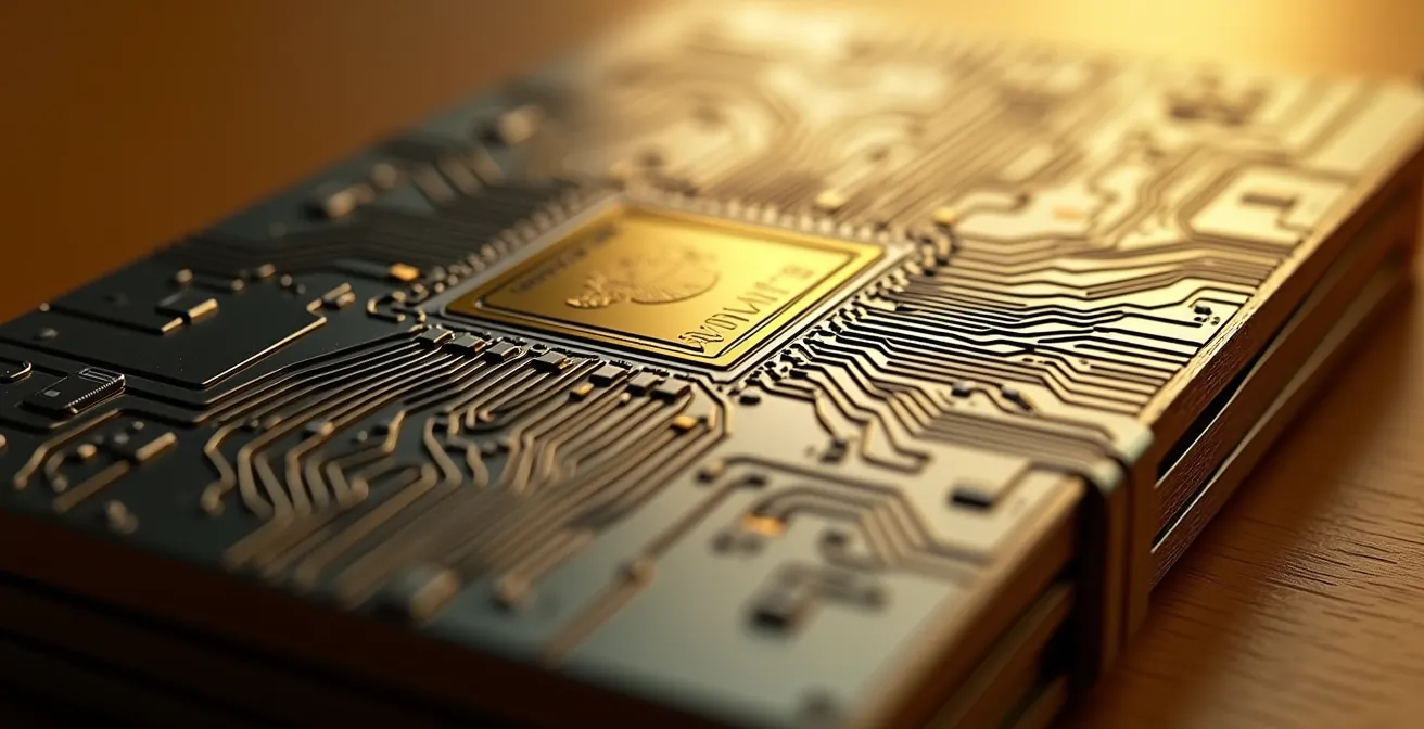 Extreme Makroaufnahme einer Hardware-Wallet Oberfläche mit sichtbaren Sicherheitschips