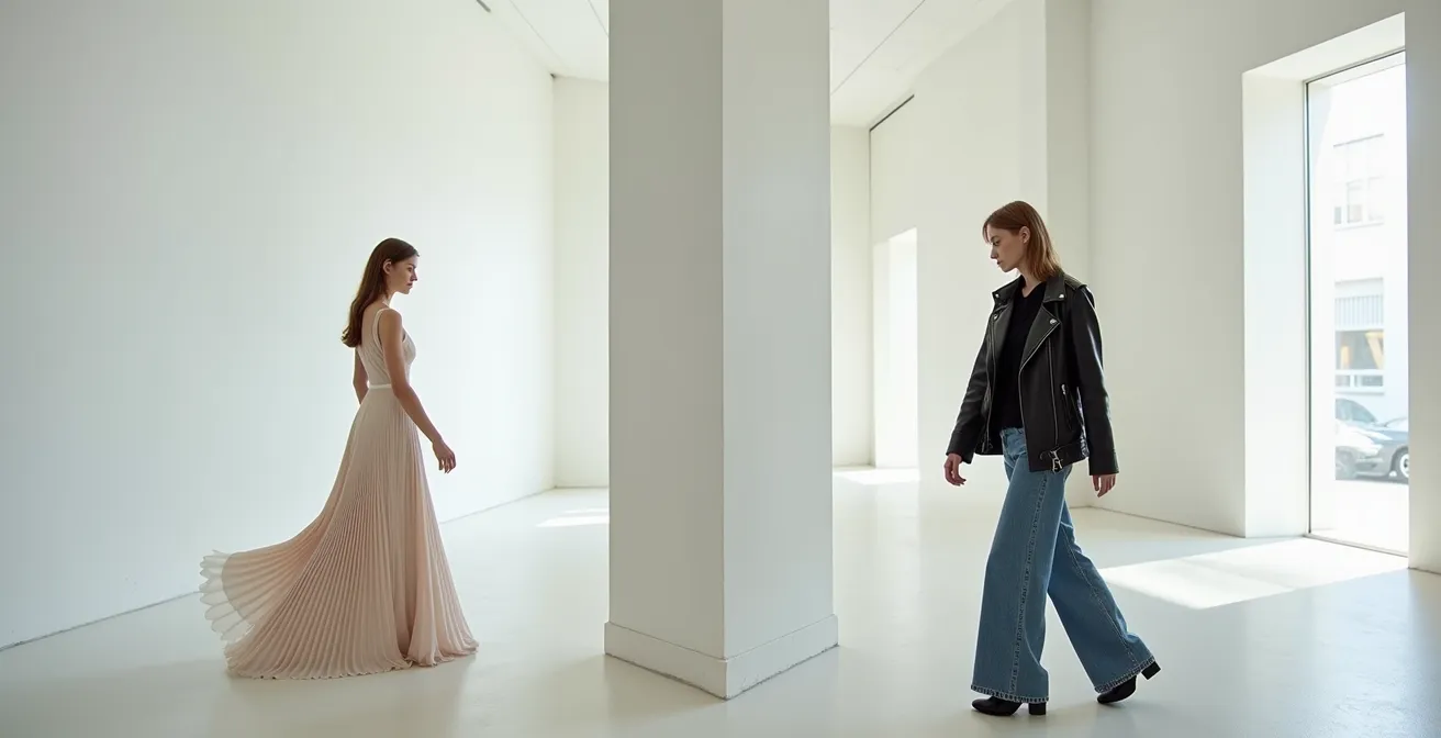 Kontrast zwischen Haute Couture Asymmetrie und Berliner Street Style