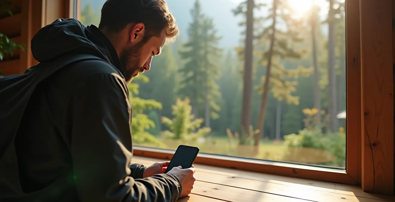 Person legt Smartphone beiseite und blickt aus Fenster in grüne Natur