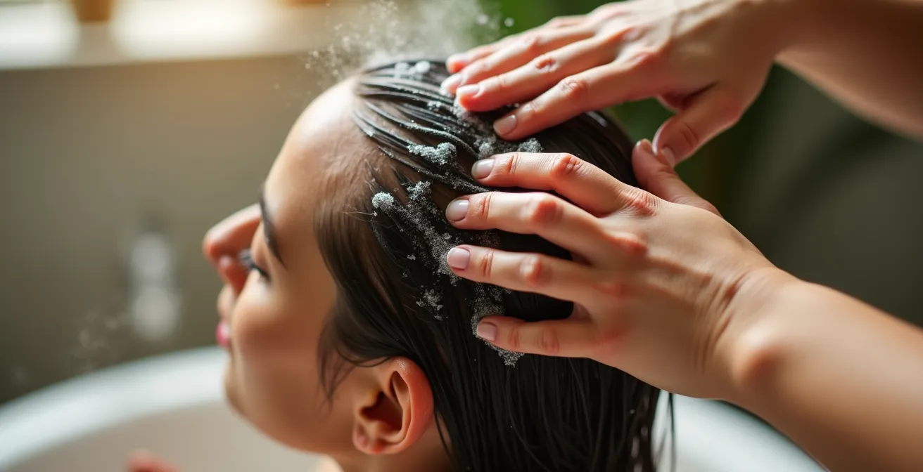 Hände führen sanfte Massagebewegungen auf der Kopfhaut aus