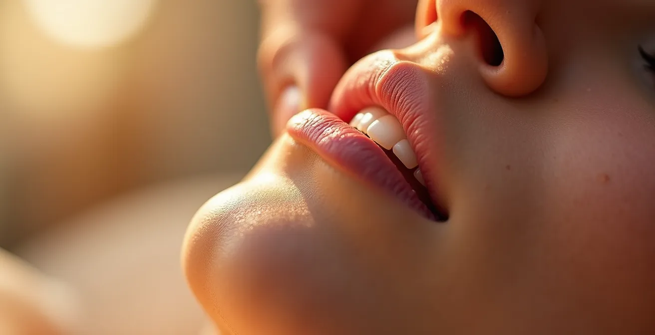 Nahaufnahme von Händen, die eine sanfte Lymphdrainage-Gesichtsmassage durchführen.