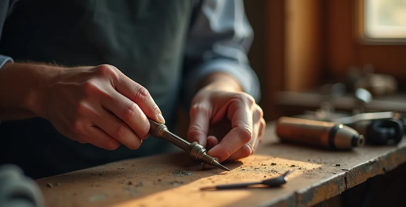 Nahaufnahme von Goldschmiedehänden bei der Arbeit mit traditionellen Werkzeugen