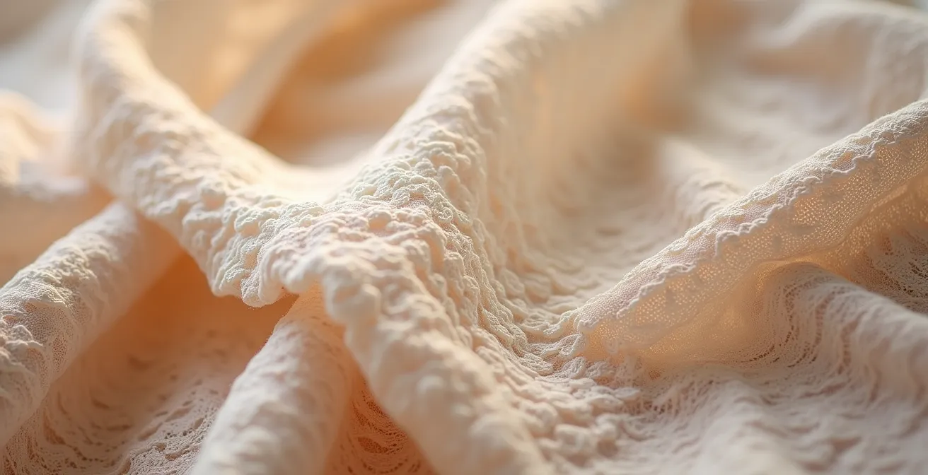 Nahaufnahme von handgefertigter Spitze und natürlichen Stoffen