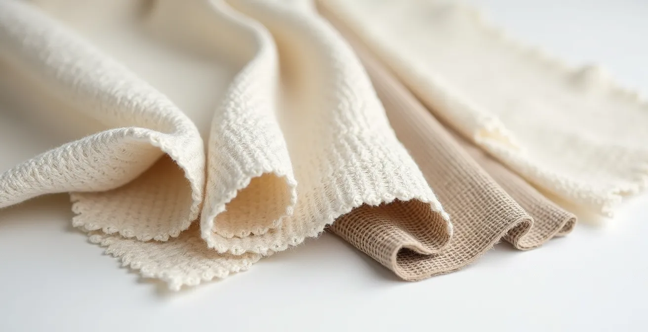 Verschiedene nachhaltige Stoffe in natürlichen Farbtönen auf einer sauberen Oberfläche angeordnet, die Textur jedes Materials betonend.