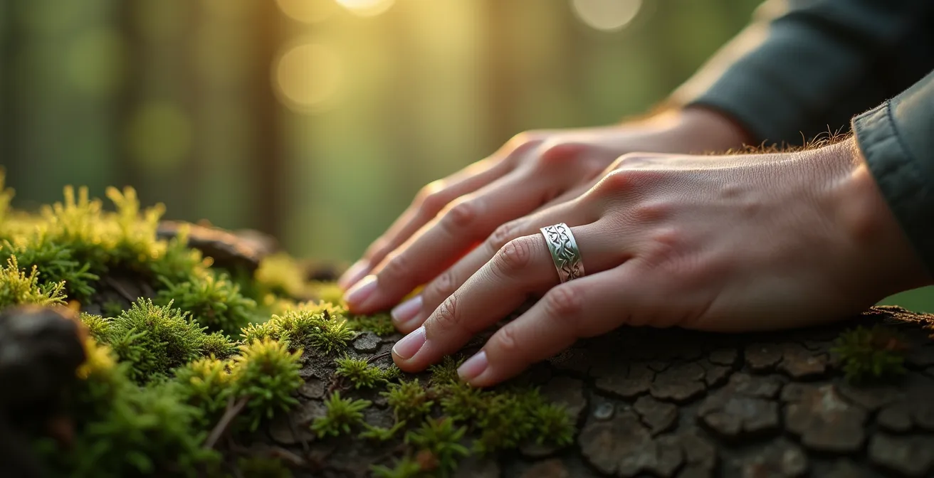 Makroaufnahme von natürlichem Schmuck und Texturen im Waldlicht
