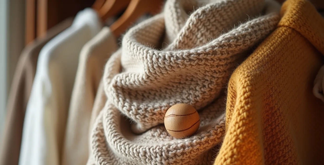 Offener Kleiderschrank mit sorgfältig arrangierten gemütlichen Kleidungsstücken in Erdtönen