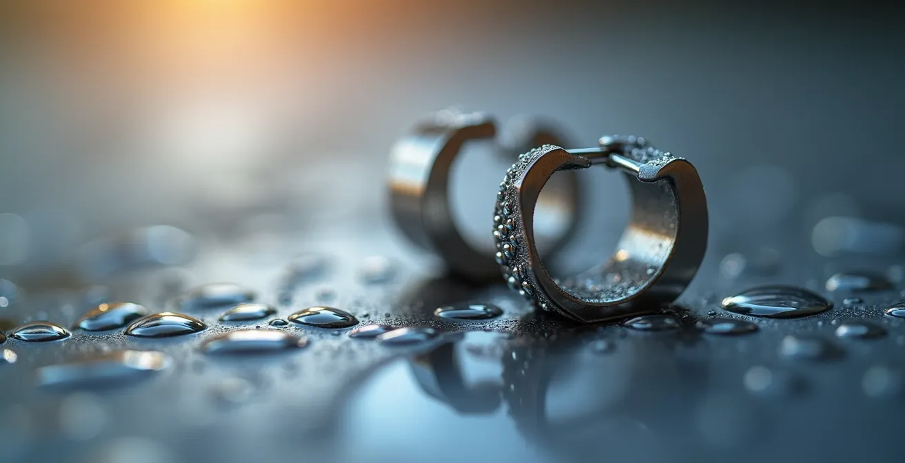 Makroaufnahme von allergifreiem Titanschmuck, der Reinheit und Hautfreundlichkeit symbolisiert