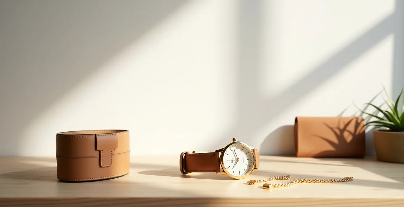 Minimalistisches Arrangement von zeitlosen Accessoires in neutralen Tönen