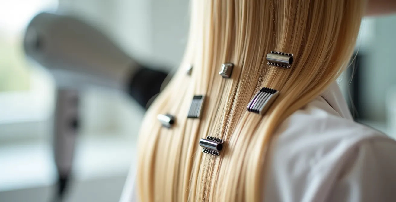 Nahaufnahme der Root-Clipping-Technik mit Metallclips am Haaransatz zur Erzeugung von Volumen