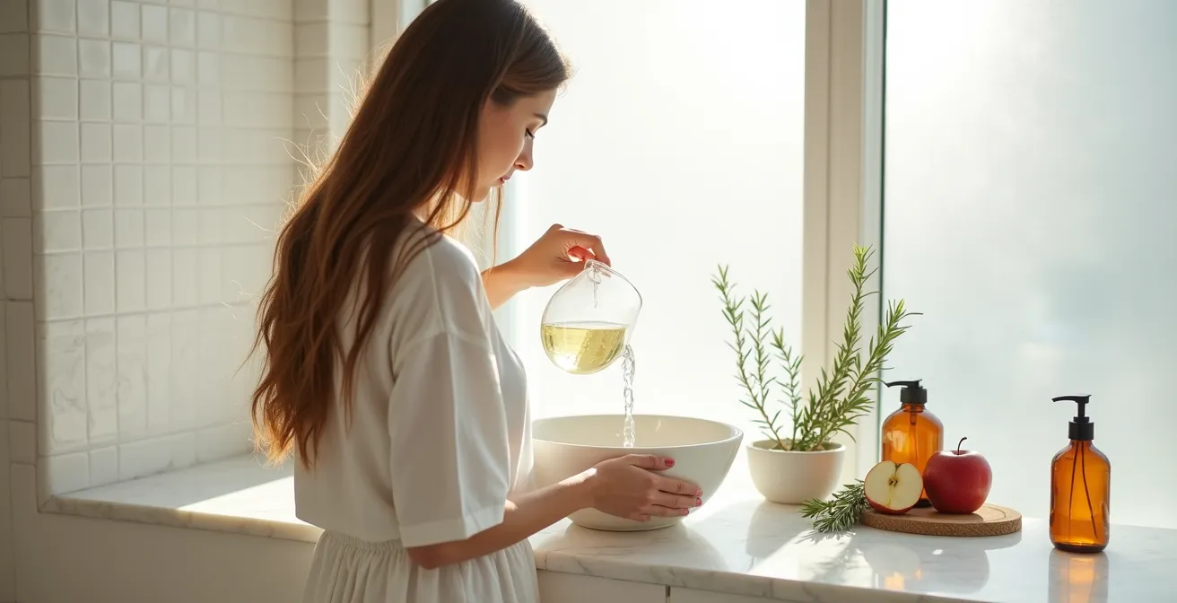 Eine Frau pflegt ihre langen Haare in einem minimalistischen Badezimmer mit einer selbstgemachten sauren Rinse aus Apfelessig.