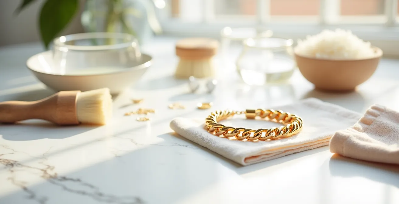 Pflegeutensilien und Gliederarmband auf weichem Tuch arrangiert