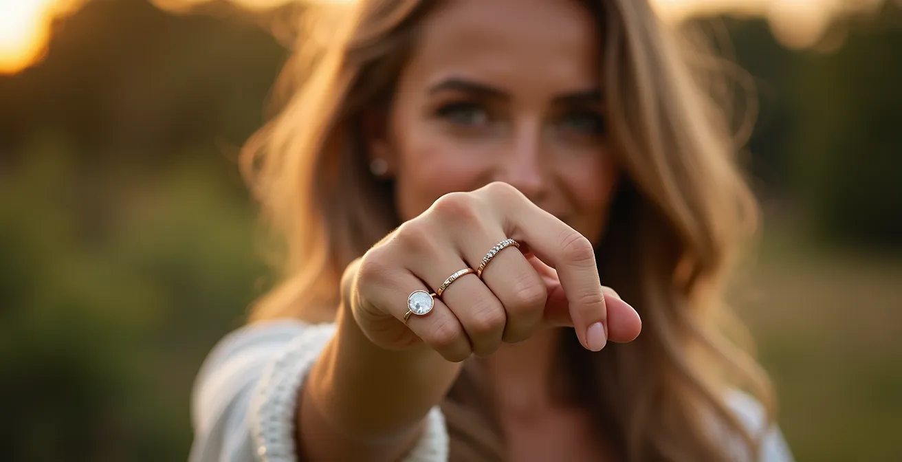 Frauenhand mit elegantem Solitärring am Zeigefinger vor unscharfem Naturhintergrund