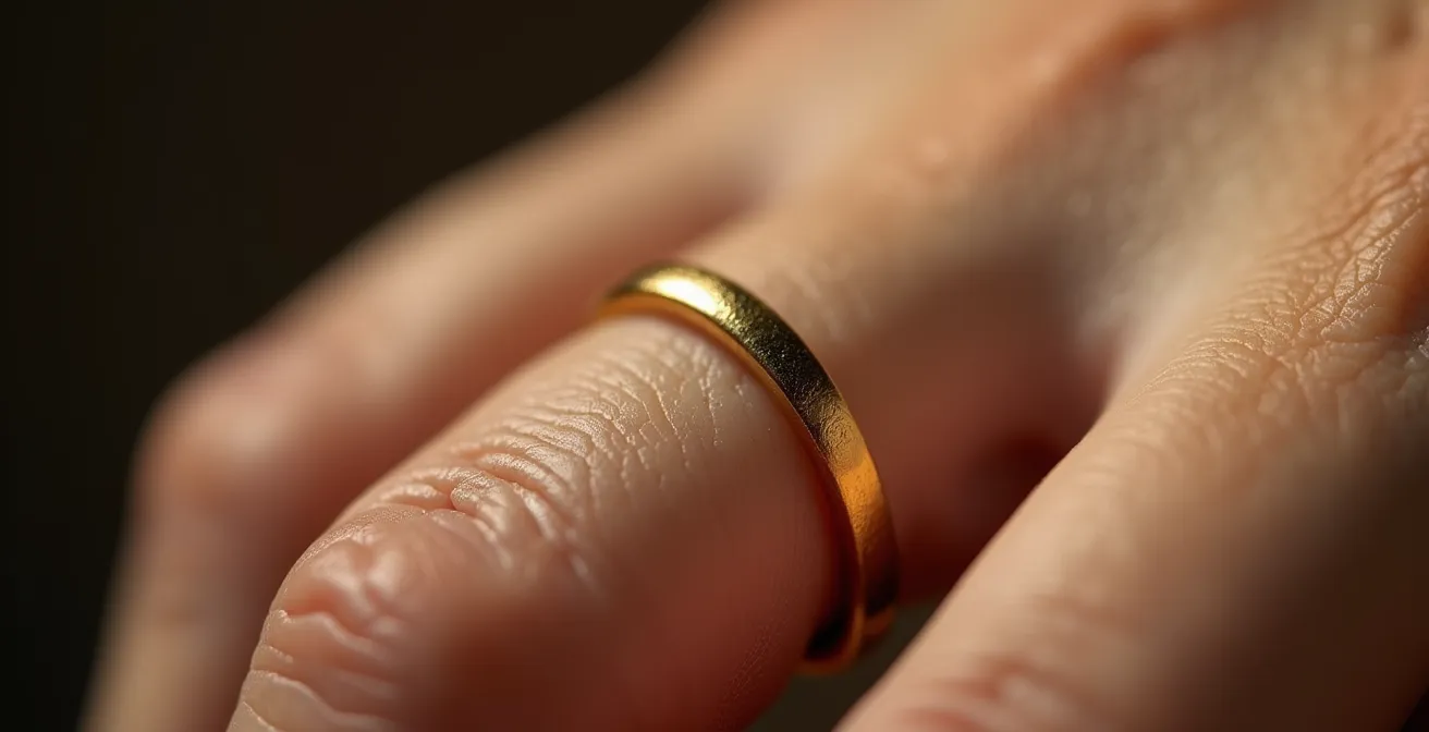 Makroaufnahme eines einzelnen goldenen Rings auf Fingerspitze