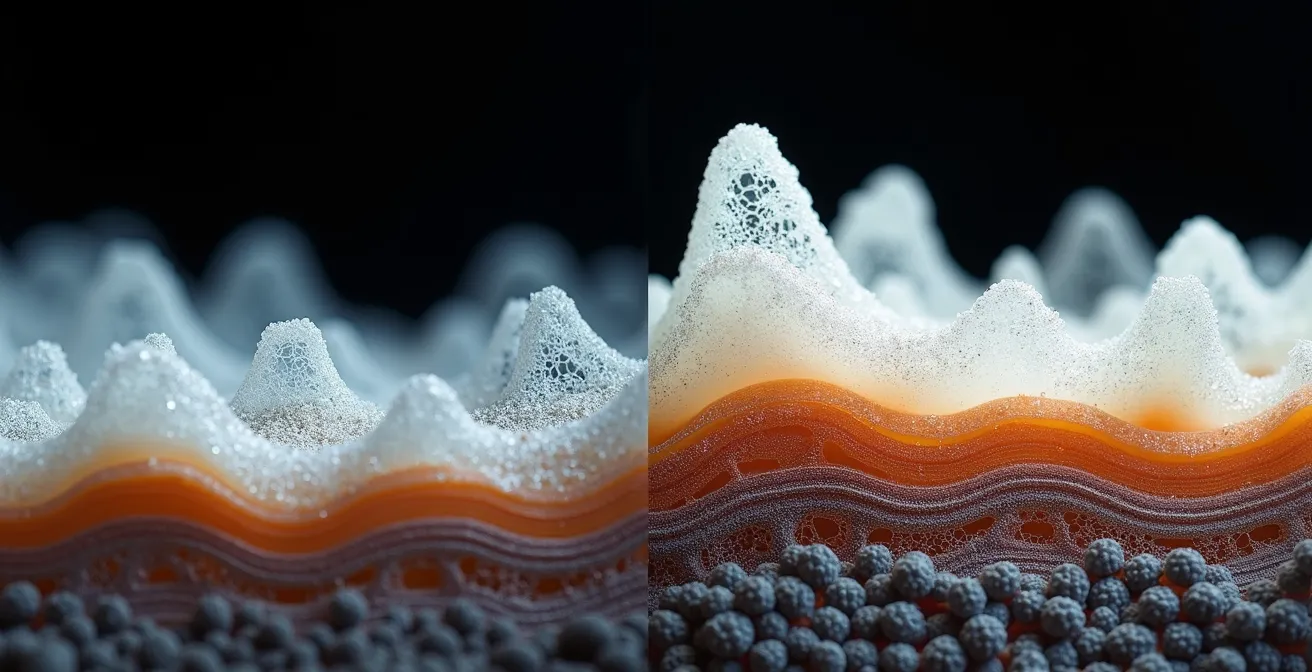 Mikroskopische Ansicht von Silikonablagerungen auf der Haarstruktur bei hartem Wasser