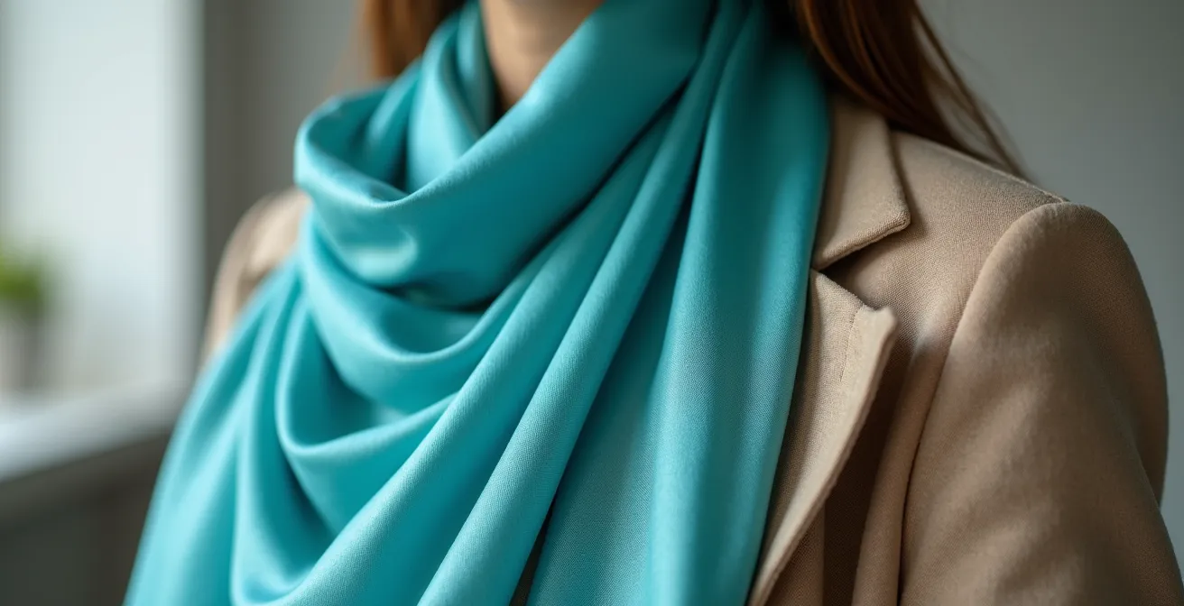 Nahaufnahme von türkisfarbenem Seidentuch auf neutralem Blazer, das den Kontrast zwischen Seide und Wolle zeigt.