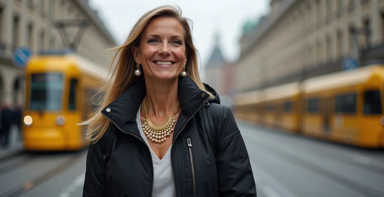 Eine selbstbewusste Frau kombiniert eine technische Outdoor-Jacke mit einer opulenten goldenen Statement-Halskette und erzeugt so einen spannenden Stilbruch.