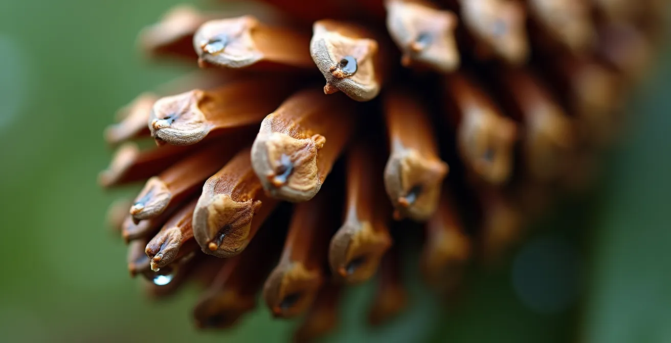 Makroaufnahme eines Tannenzapfens mit Wassertropfen zeigt Porosität-Prinzip