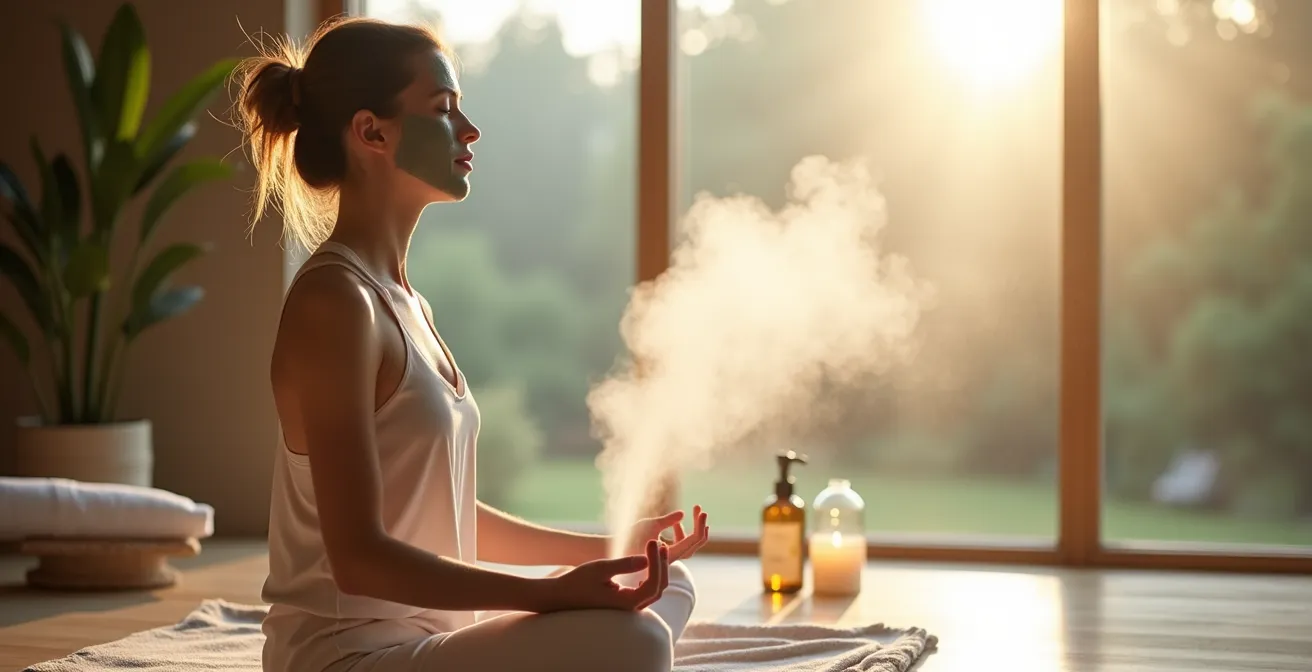 Frau sprüht Thermalwasser auf Tonerde-Maske zur optimalen Feuchthaltung