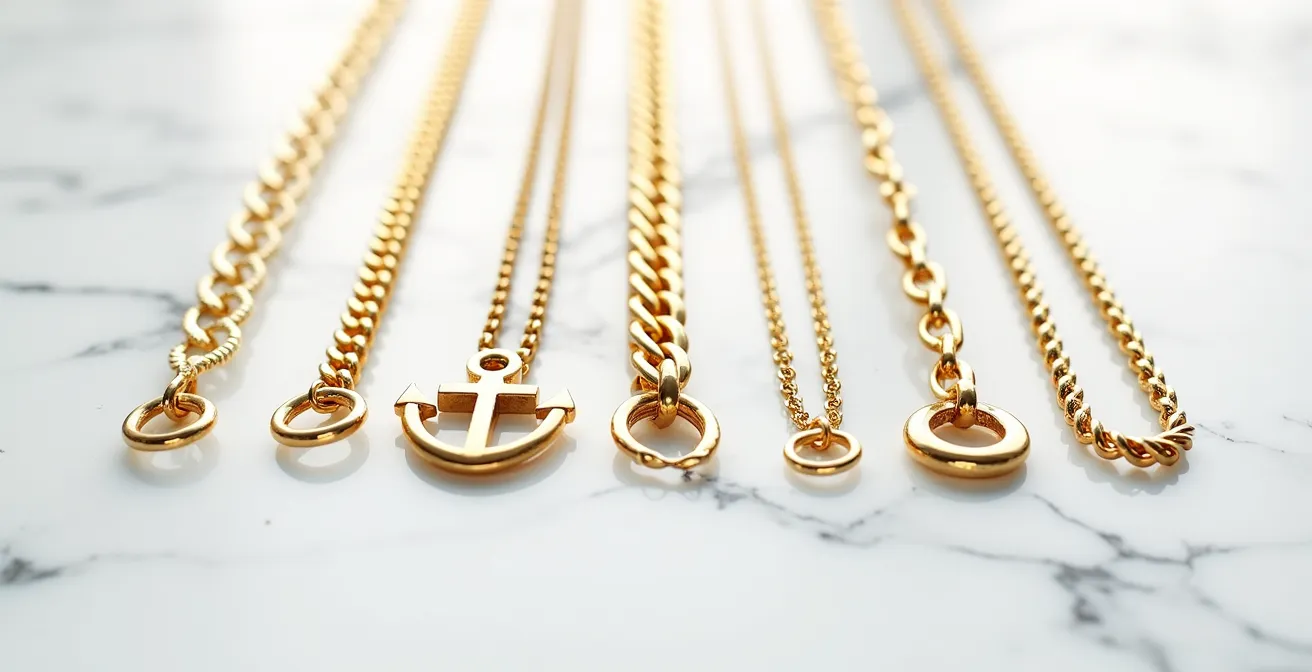 Detailaufnahme verschiedener Goldkettenarten nebeneinander auf hellem Untergrund