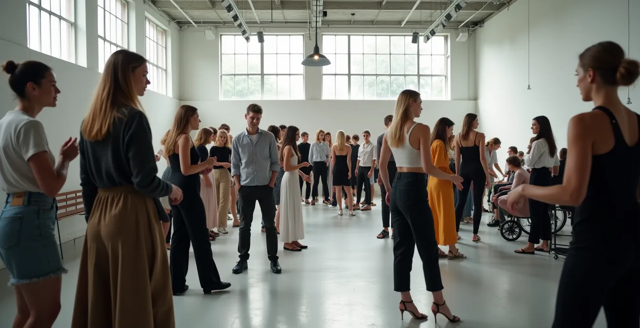 Diverse Models verschiedener Ethnien und Körpertypen backstage bei einer Modenschau