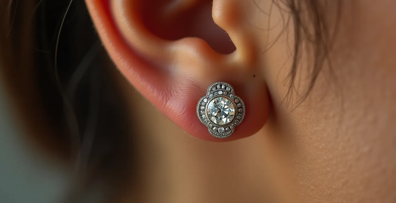 Makroaufnahme eines schimmernden Ohrsteckers am Ohr, der das Licht optimal reflektiert und die Wangenknochen betont