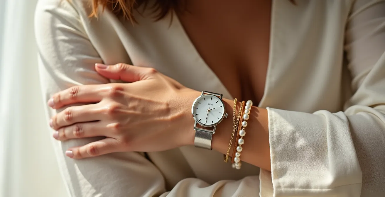Elegante Kombination von Armband-Stack mit Uhr am Handgelenk